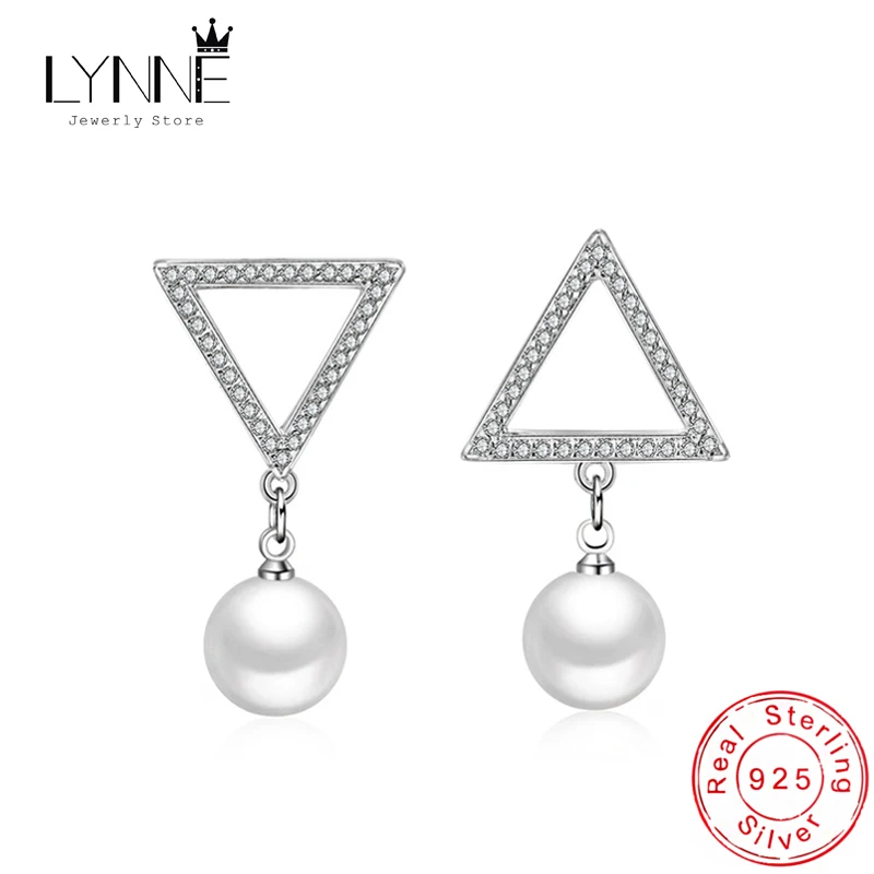 

Fashion Asymmetry Triangles Rhinestone 10mm Pearl Drop Earrings Women 925 Sterling Silver Jewelry Gift Elegant Pendant Ear Stud