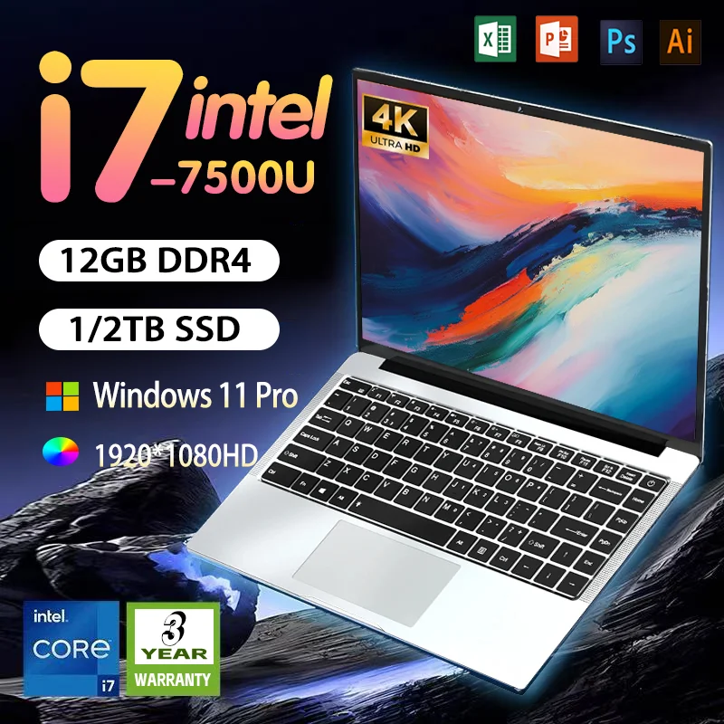 

14,1-дюймовый ноутбук с Windows 11Intel Core i7 7500U/Atom x7 A3950, офисный ноутбук, учебный ПК, ноутбуки, 12 ГБ ОЗУ, 1 ТБ/2 ТБ SSD