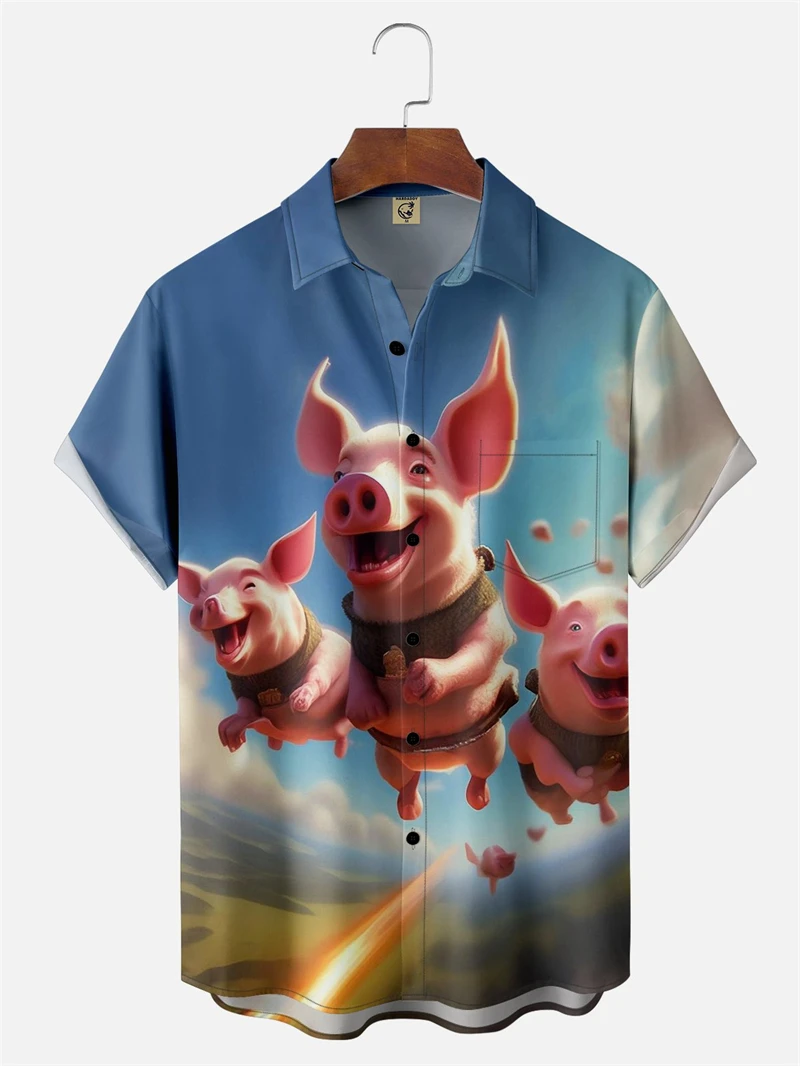 

Cartoon Wings Pig Pattern Hawaiian Shirt For Men Women 3D Printed Animals Short Sleeves Summer Lapel Shirts Street Button Blouse