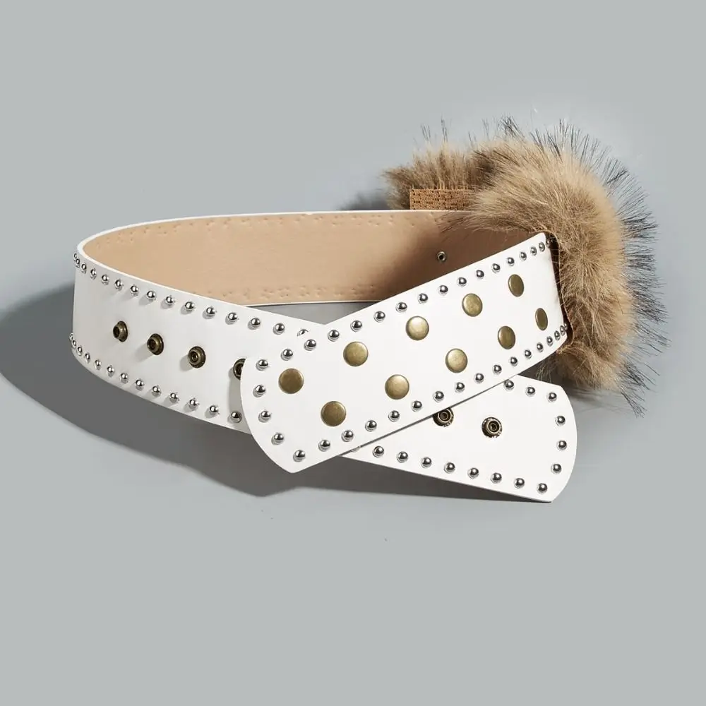 خمر الرجعية الجلود الفراء حزام واسعة برشام الشرير نمط حزام الجينز ديكور أفخم Y2K حزام السراويل الملحقات