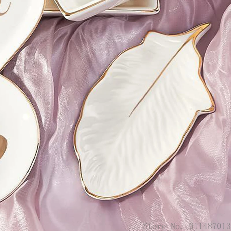 Creative Ceramic Feather-shaped Plate, Snacks Dessert Storage Trays, Ceramics Ring Earring Jewelry Enamel Trinket Dish Tray, 1Pc