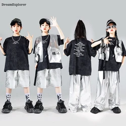 Boys Hip Hop T-shirt Silver Vest Street Dance Shiny Joggers Pants Girls Cool K-pop Shorts Kids Jazz Clothes Set Child Streetwear