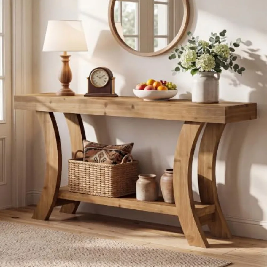 Farmhouse solid wood console table for living room, natural wood color, spacious storage shelf and rustic charm view 4