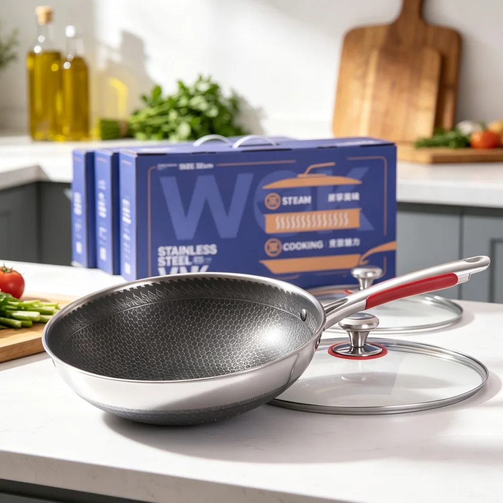Double Sided Honeycomb Texture Wok 32cm, Food Grade 304 Stainless Steel Non Stick Pan with Visible Glass Lid