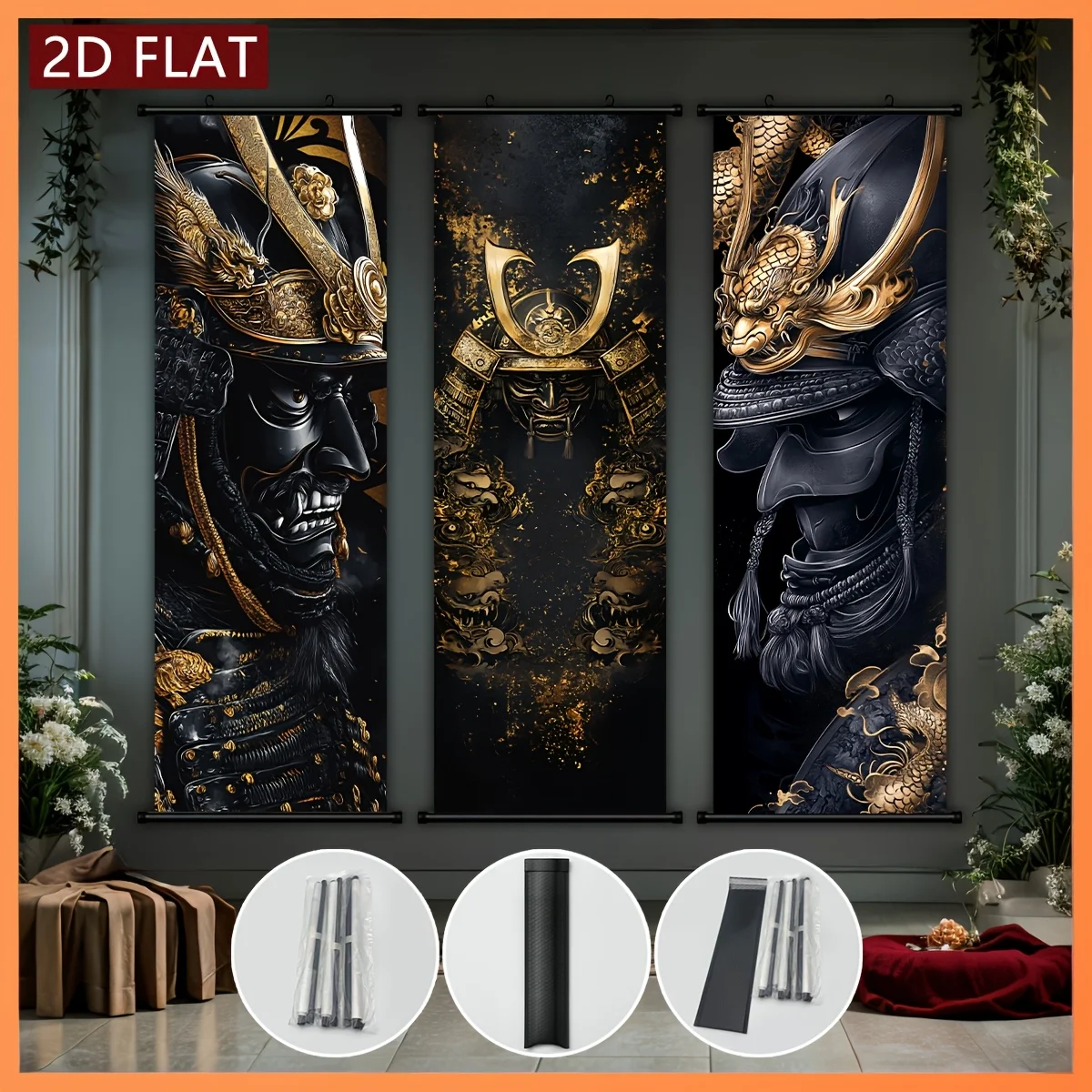 VIKAMA Black Gold Warrior Armor Scroll Tapestry, High Definition Fade Resistant Wall Scroll Painting for Home Decor