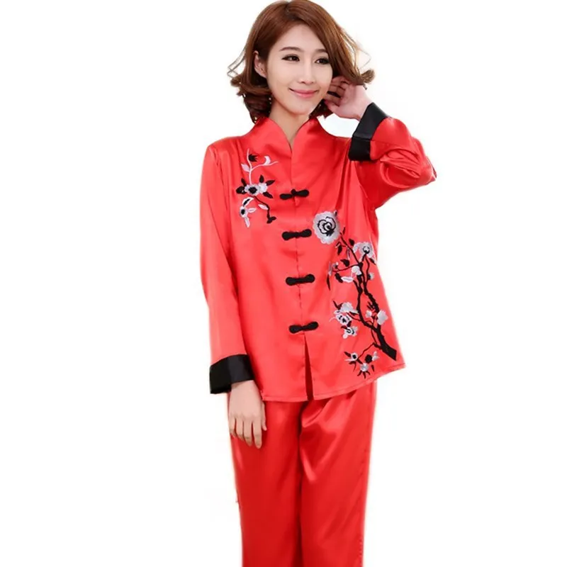 Pajamas Printing Flower Sleepwear Nightwear Red Mandarin Collar Caasual Home Clothing Long Sleeve Shirt Pant 2Pcs Homewear