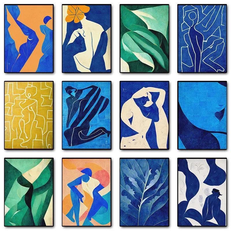 Póster abstracto verde esmeralda Matisse azul mostaza amarillo, imágenes artísticas de pared impresas, pintura en lienzo para habitación, dormitorio, decoración del hogar, Gif