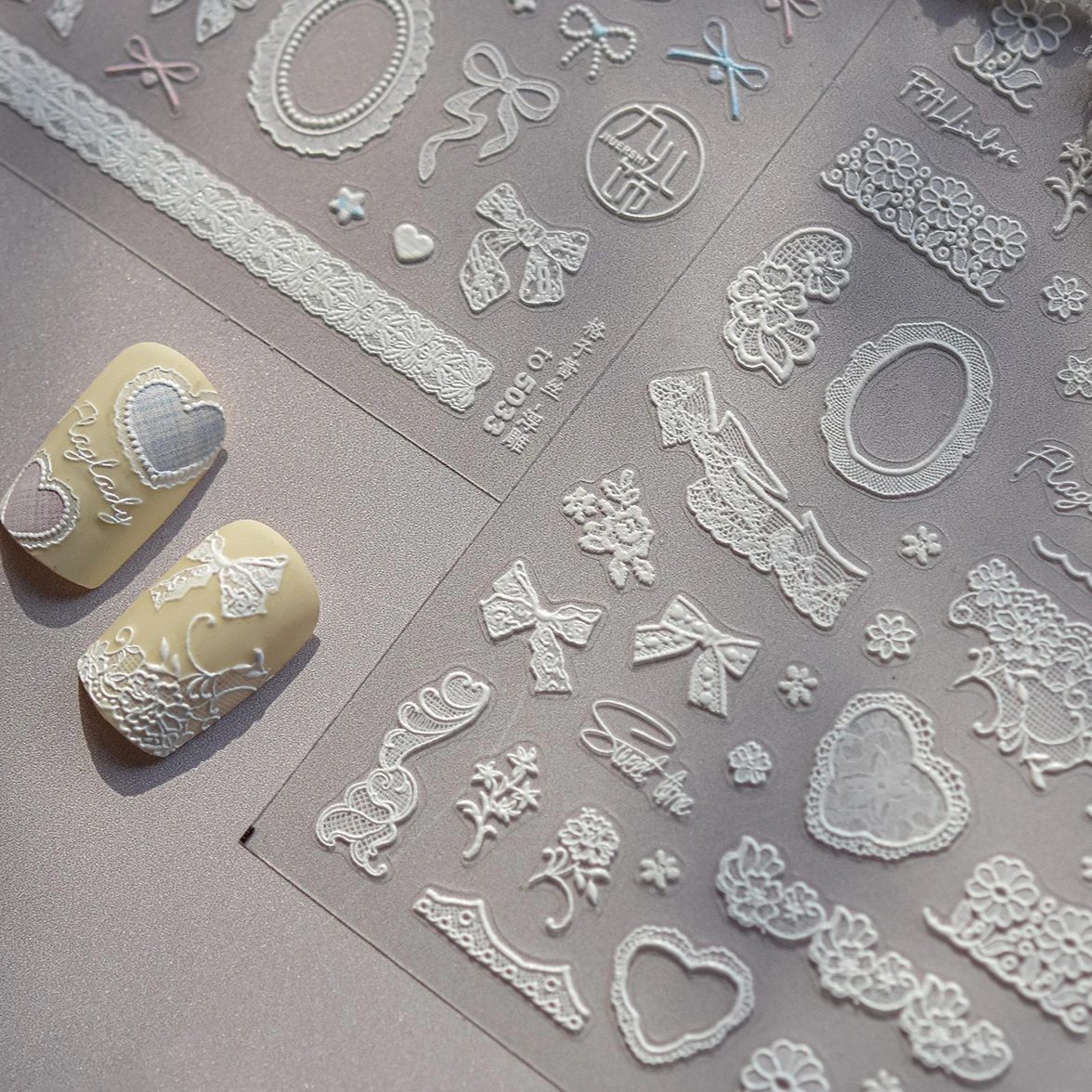 

Gird Lace Bowknot Love Heart Flower Fabric Printing Frame Bow Tie Rococo Pattern Daisy Tender Nail Art Stickers Manicure Decals
