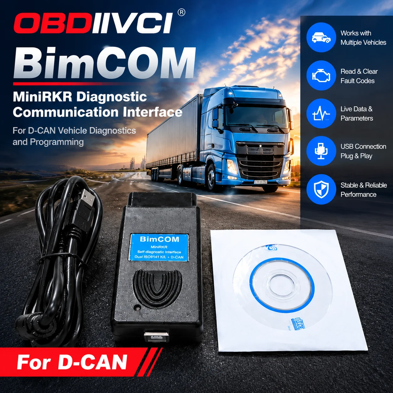 OBDIIVCI OBD2 Scanner BimCOM MiniRR USB Diagnostic Cable Auto Code Reader K-Line CAN for V-W Au-di Sk-oda Se-at