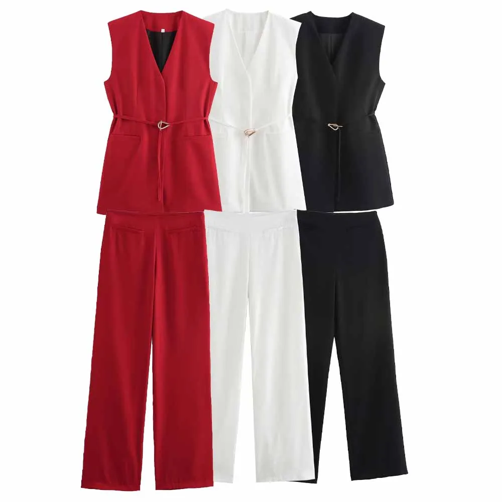 

Women's new fashion with belt slit design casual single breasted V Neck vest coat retro sleeveless pocket women's vest chic top