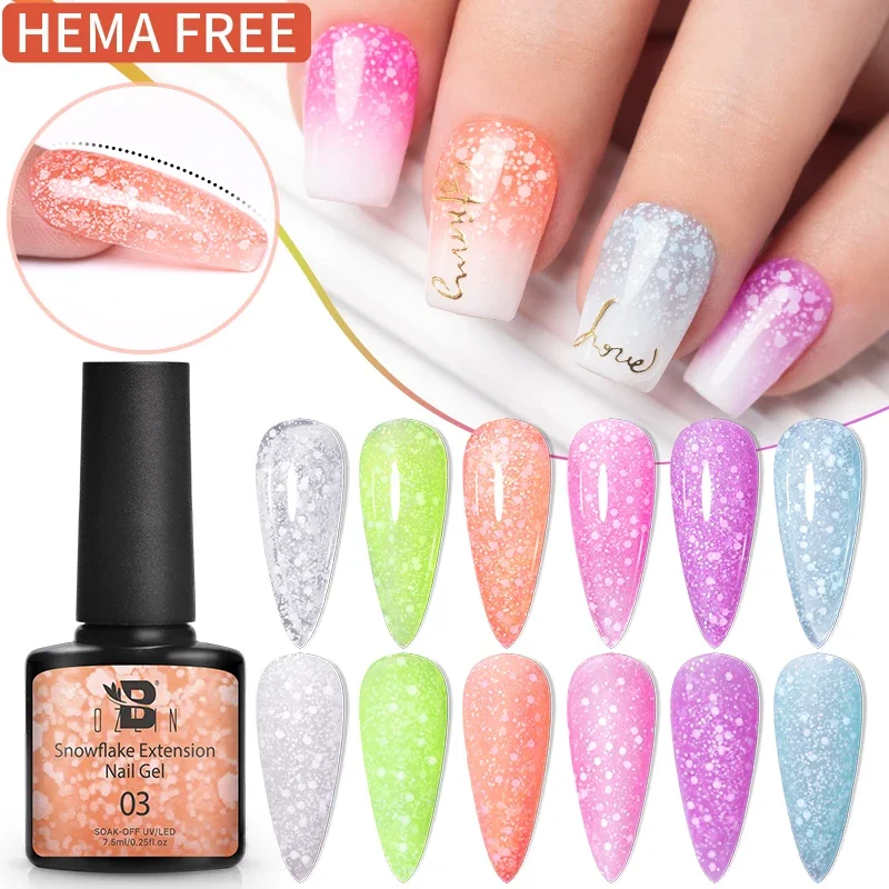 Bozlin 7.5Ml Hema-Vrije Sneeuwvlokken Verlengingsgel Nagellak Geelroze Glitter Sneeuw Pailletten Snel Verlengende Nagelkunstgellak
