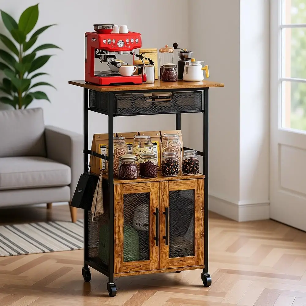

3-Tier Rolling Coffee Cart with 2-Door Cabinet and Pull-Out Basket, Rustic Brown