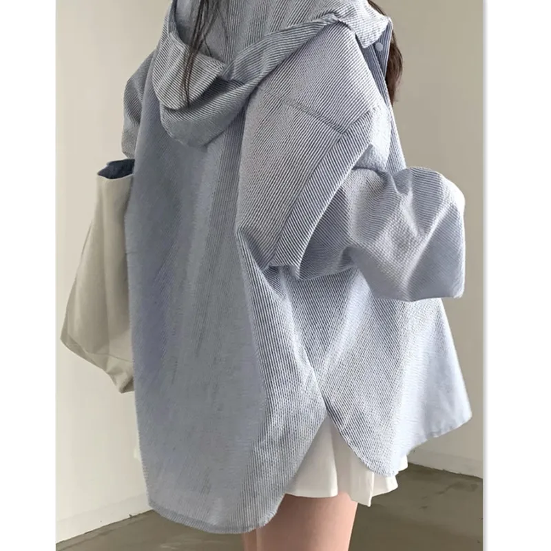 Plus size 300 pou feminino preguiçoso listrado irt primavera outono solto emagrecimento com capuz longo sve coreano sle colarinho impresso