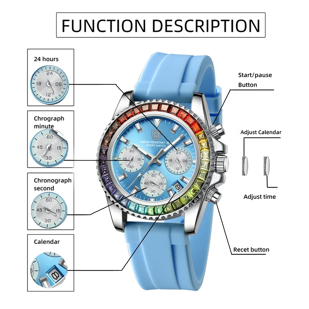 ساعة نسائية عالية الجودة بستة دبابيس متعددة الوظائف 30 متر مقاومة للماء بحزام سيليكون كوارتز مرصعة بمينا كريستال ملون