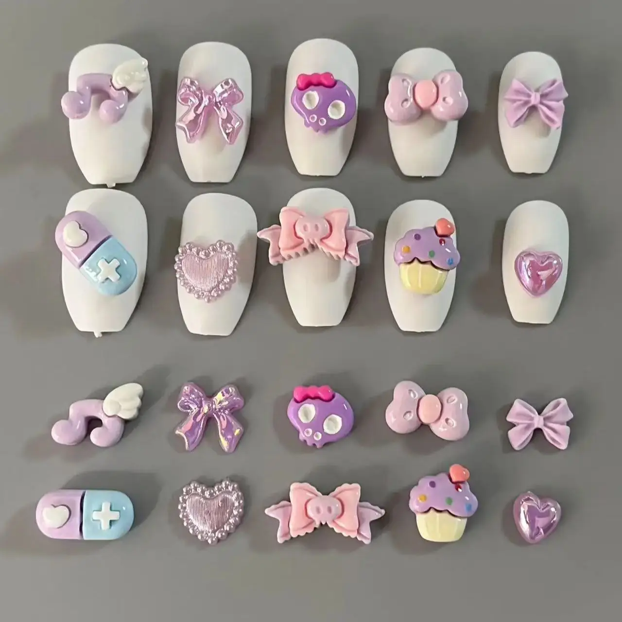 

50Pcs Fall Y2K Dopamine Purple Kawaii Small Bow Heart Wing Music Notes Capsules Skull Bow Cake Cartoon Nail Art Decoration Charm