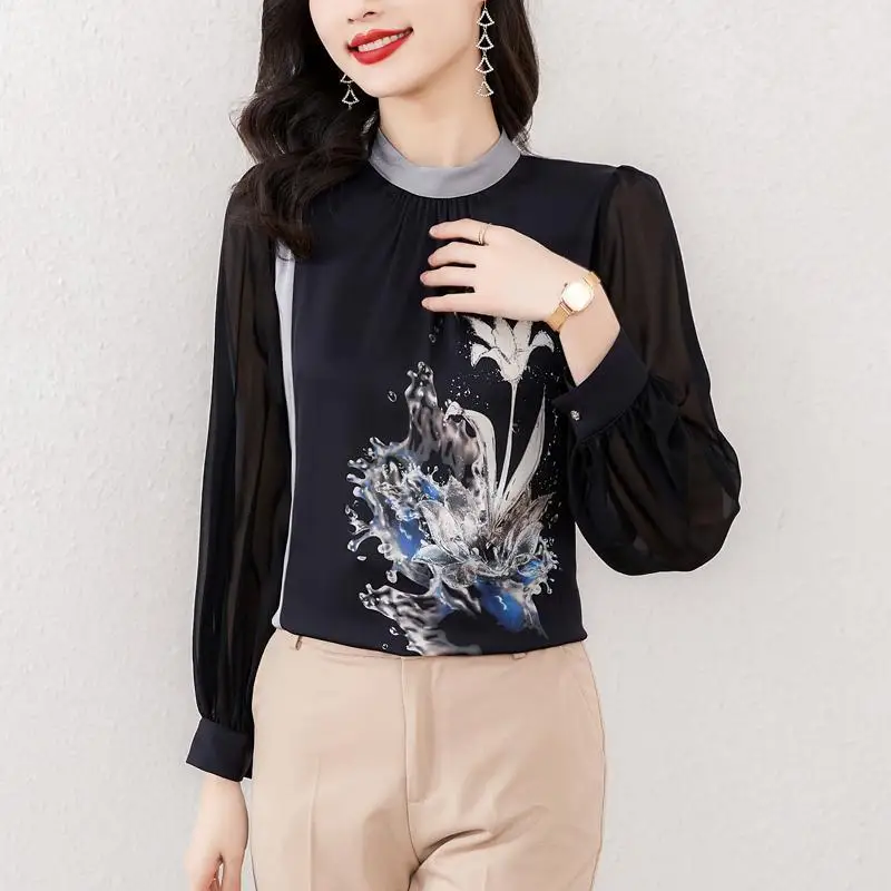 Spring Summer Women\'s Chiffon Pullover Printing Round Neck Lantern Long Sleeve Contrast Color Button Casual T-shirt Trendy Tops