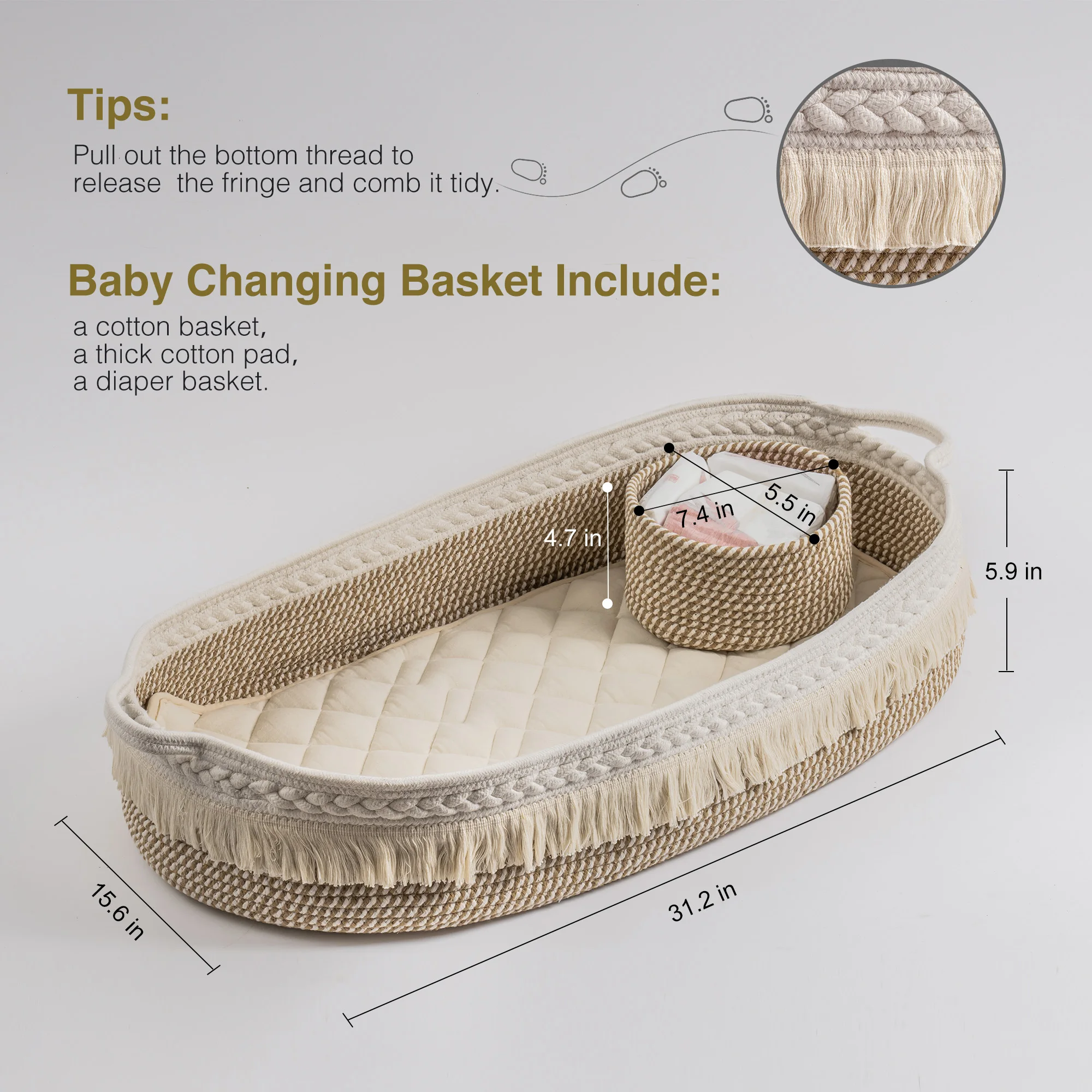 Baby Changing Basket, Handmade Woven Cotton Rope Moses Basket, Changing Table Topper with Mattress Pad(White&Brown)