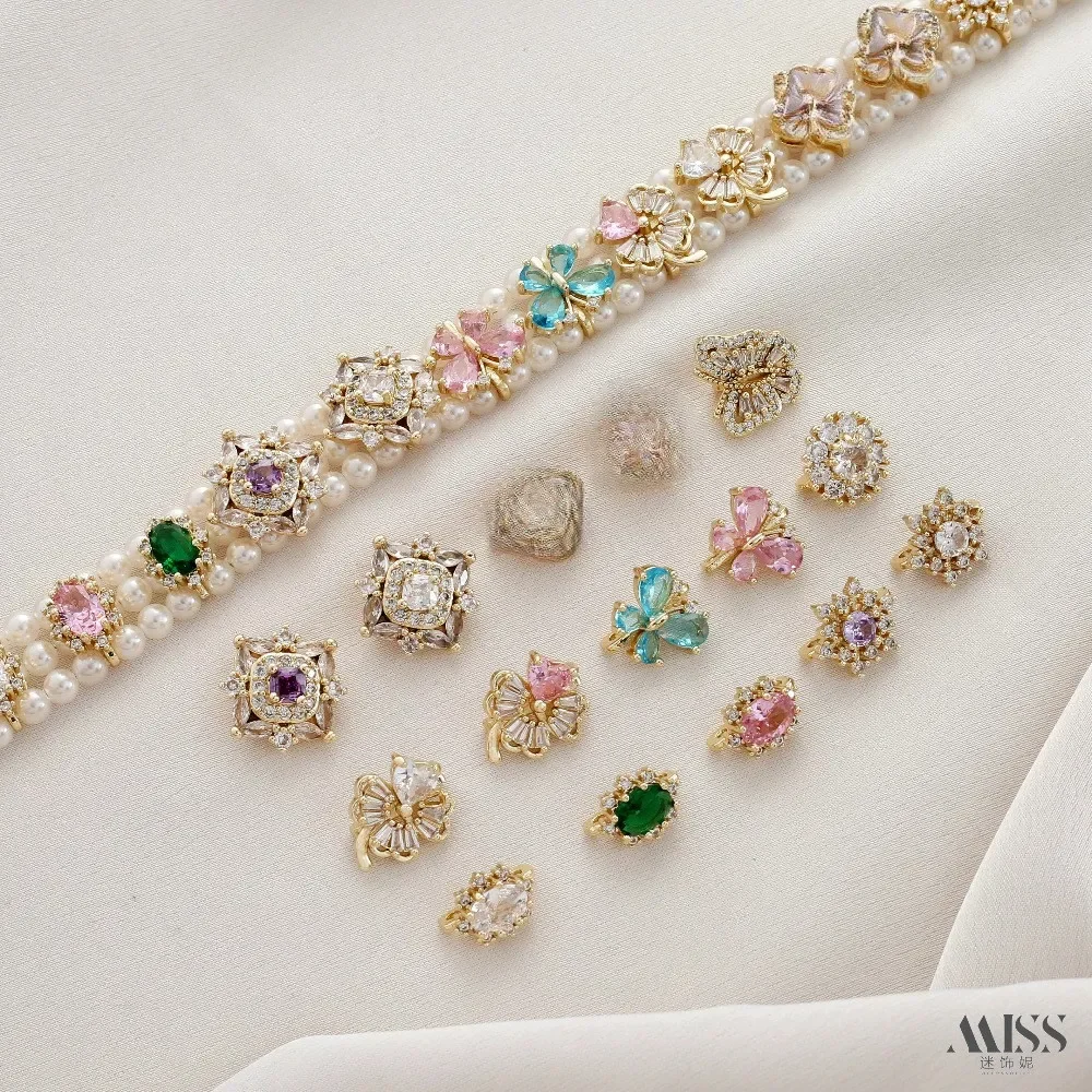 

14K Gold-wrapped Color-preserving Zircon Three-row Spacer Snowflake Three-hole Spacer Bead DIY Pearl Breasted Buckle Accessories