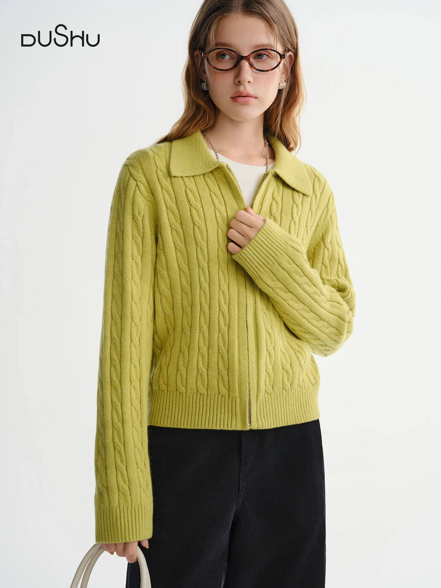 

DUSHU Zipper Knitted Soft Waxy Sweater Cardigan Winter New Slim Top Solid Soft Simple Turn Down Collar Design Retro Casual