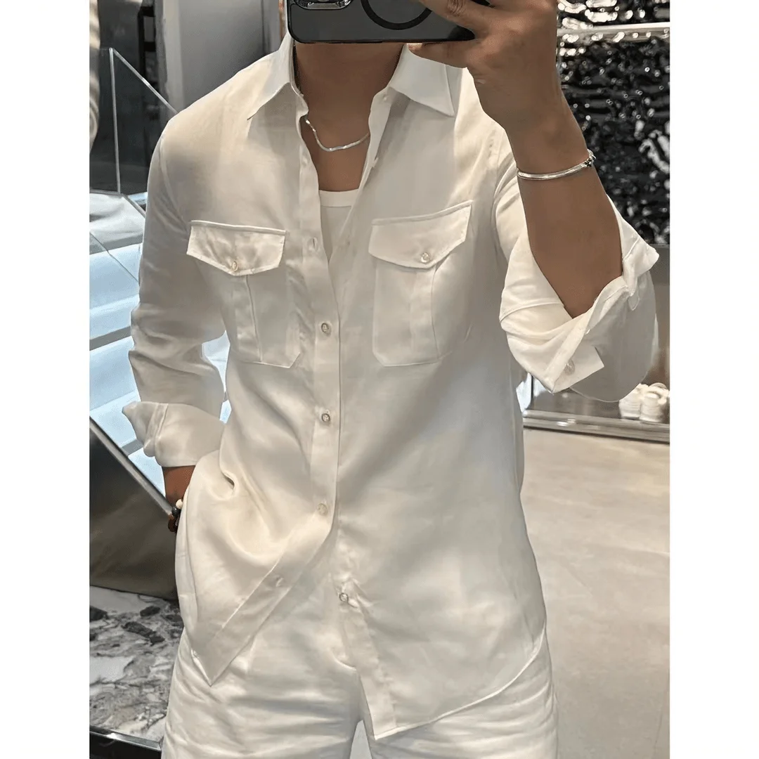 

Premium Design Summer Men's Long Sleeve Pure Linen Pocket Shirt Lightweight Luxury Minimalist Coat Jacket Standard Fit Flannel