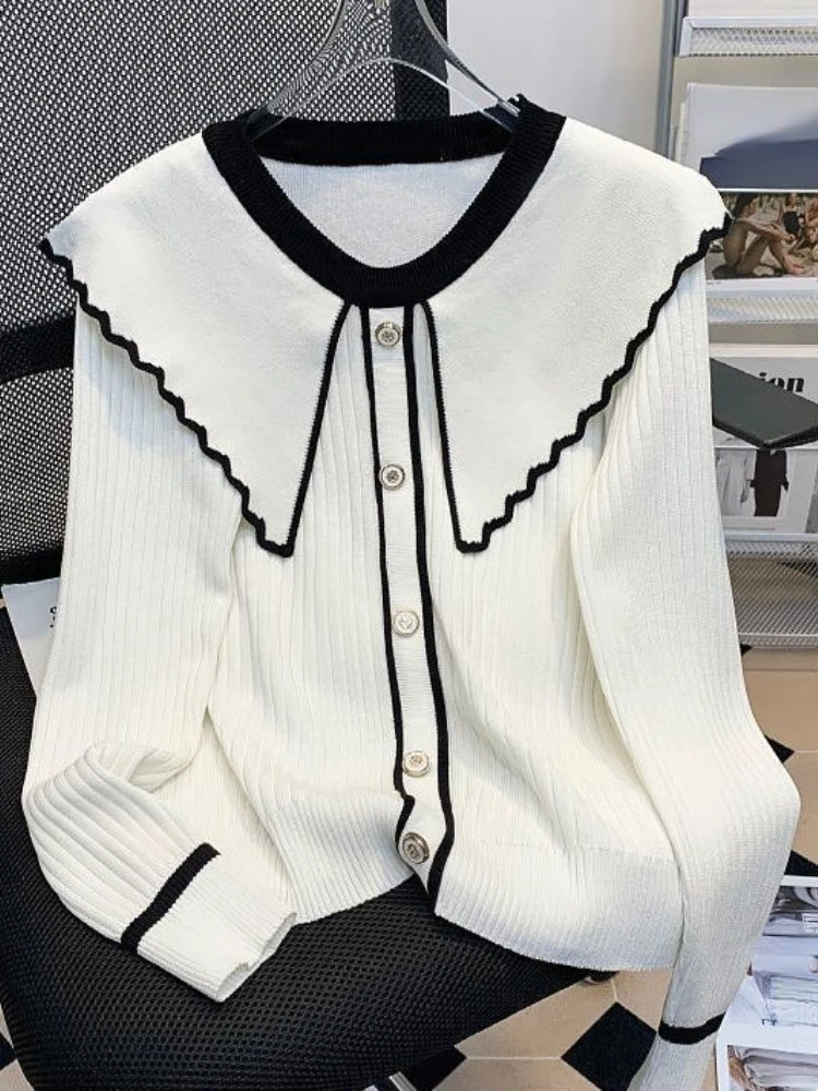 Fashion Elegant Thin Pullovers Peter Pan Collar Long Sleeve Contrast Color Spring Autumn Sweaters Design Loose Women's Clothing