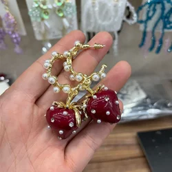 Women Cute Pearl Red Strawberry Dangle Earrings Big Drop Accessories