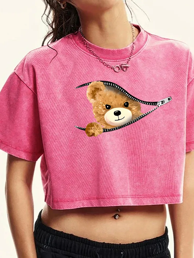 Teddy Bear With Probeprint Female Washed Short Tshirt Breathable Summer T Shirt Casual Fashion Distress Midriff-Baring Top Women