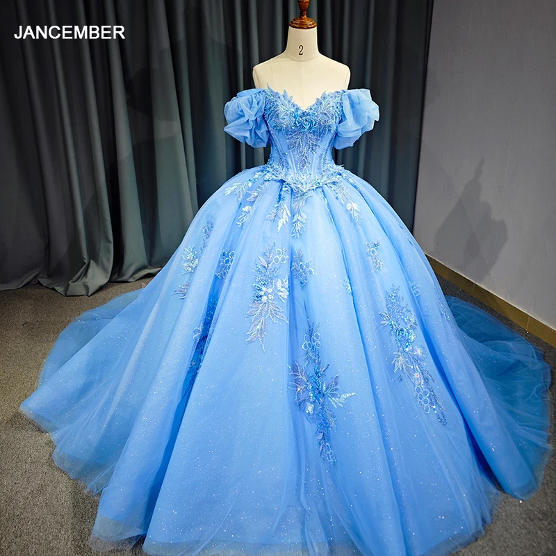 

Jancember Romantic Flash Sale Quinceanera Dresses For Gril Organza Embroidery V-neck Short Sleeves Beading Vestidos De 15 Años