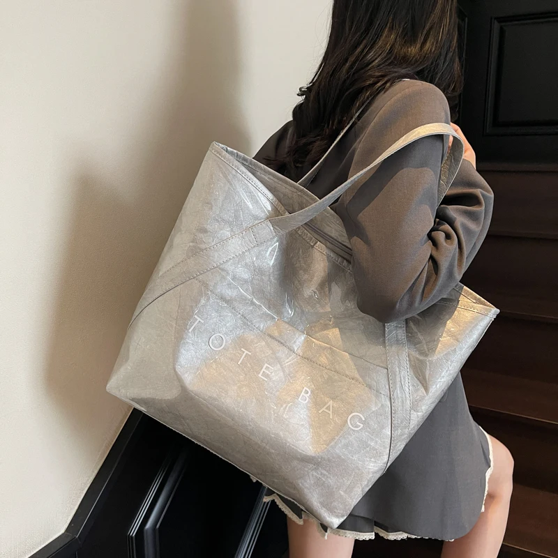 

PVC Simple Handbag Large Capacity All-Match Shoulder Bag Waterproof Kraft Paper Shoulder Bag Shopping Work Date Tote Bag