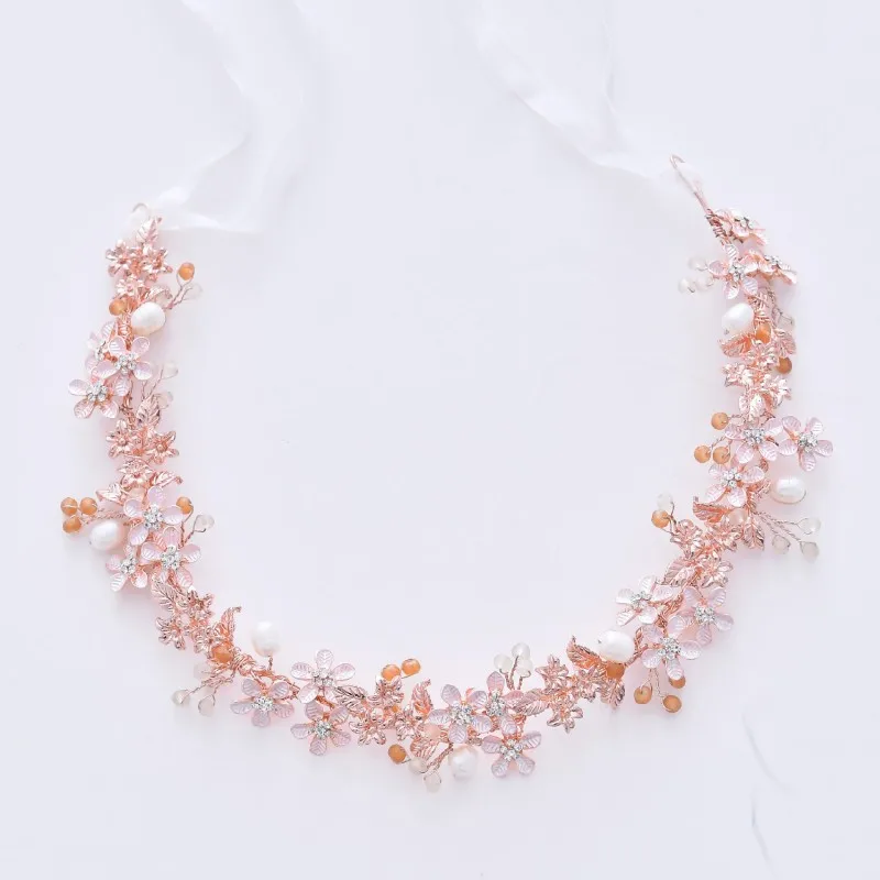 

custom make rose gold color flower pearls bridal headband wedding hair crown accessories