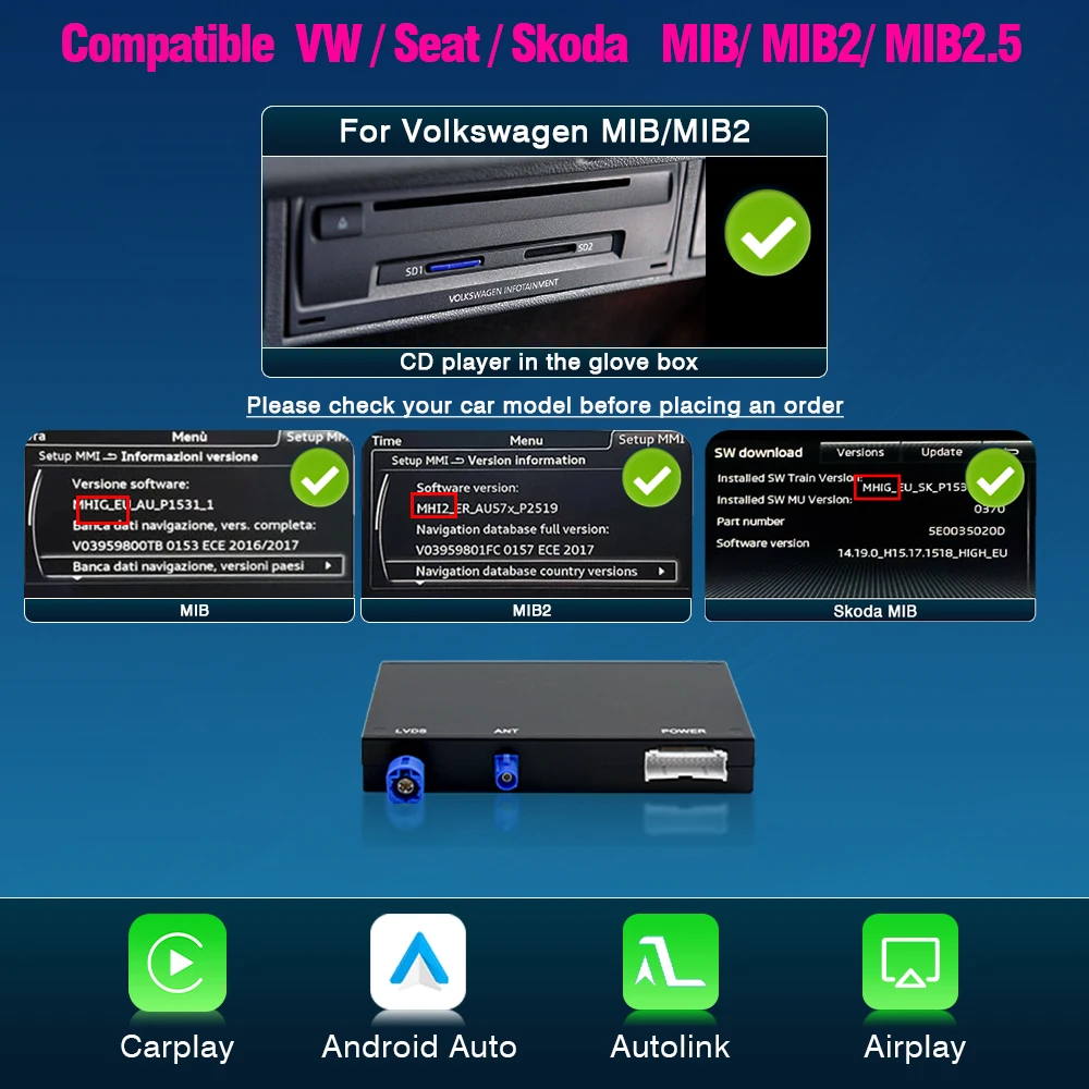 AUTOTOP Draadloze Carplay Android Auto Cai AI Box voor Skoda Octavia Polo Golf7 Passat B8 Scirocco T-Cross Tiguan Touran mib mib2