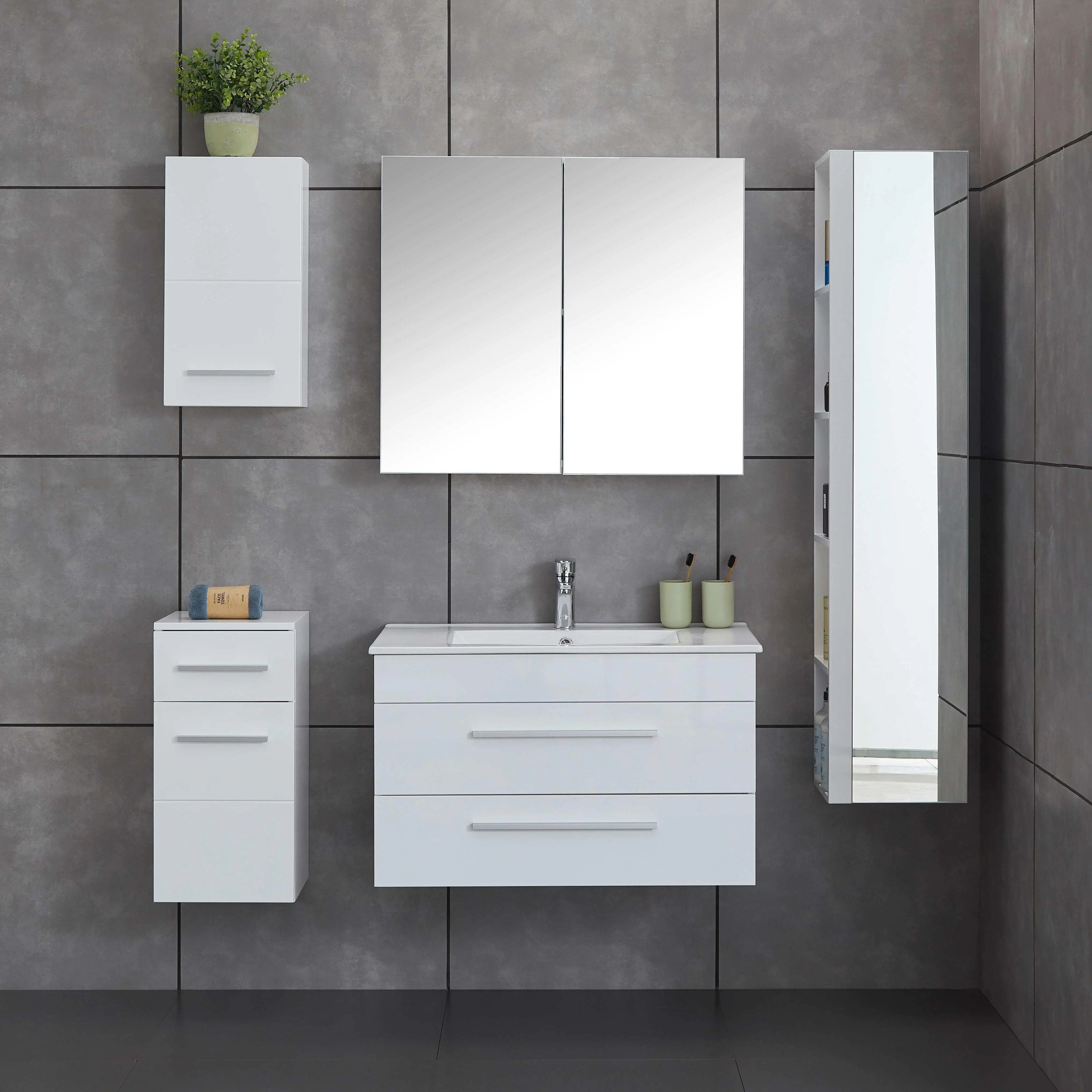 Matte White 800mm 2-Drawer Modern Wall Hung Hotel Use Eco-Friendly Durable Bathroom Vanity Cabinet Ceramic Basin Mirror PVC/MDFp