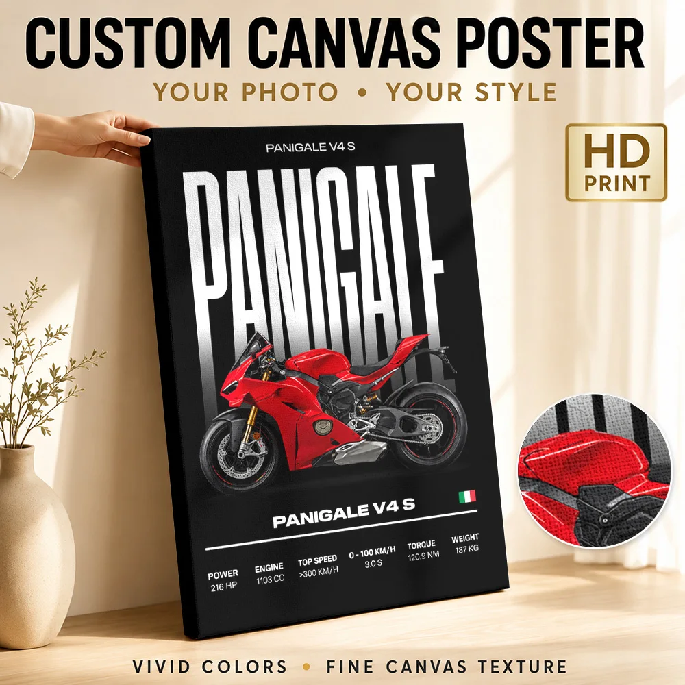 Italian Panigale V4 S Red Sport Bike Canvas Print Posters 3D Canvas Wall Art With Customized Photo For Office Ideal Biker Gift