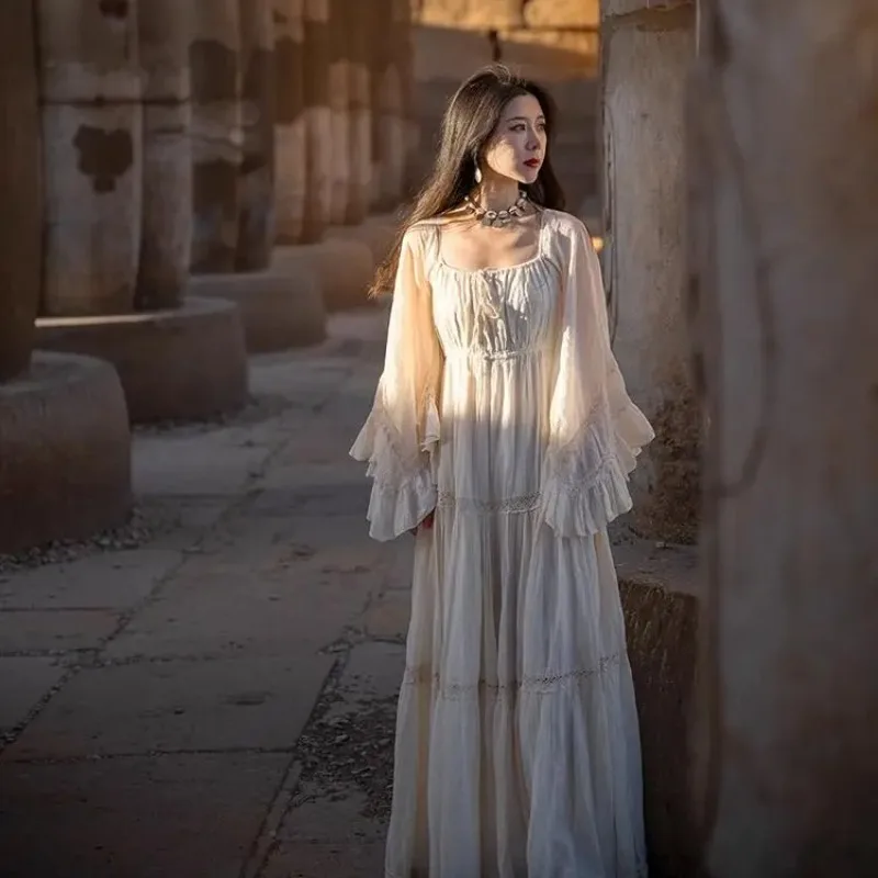 

French Vintage Forest Style Fairy Midi Dress Women Elegant Solid Square Collar Flare Sleeves Large Hem Holiday Long Dress