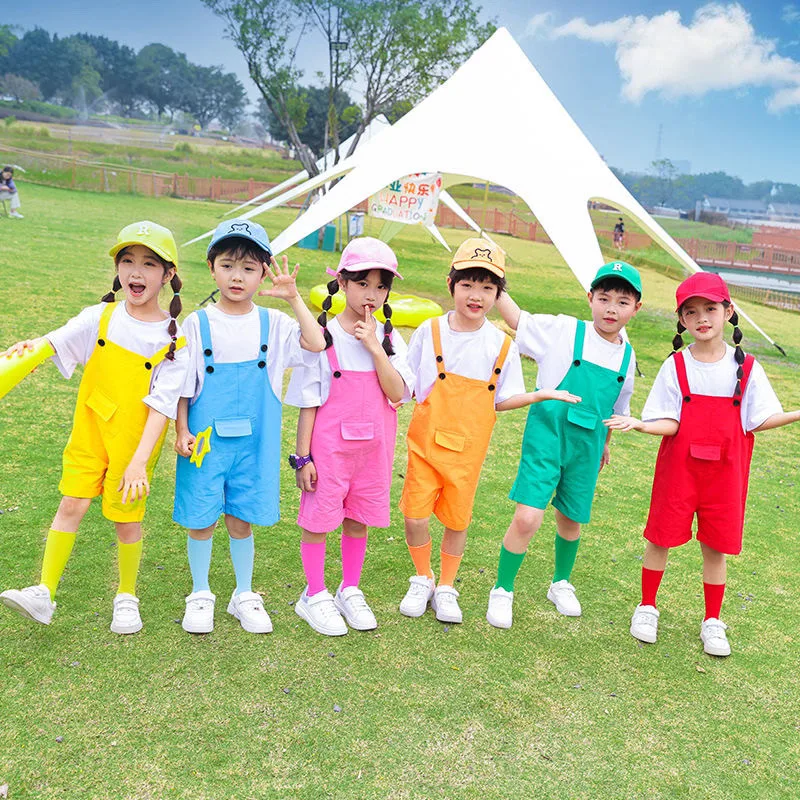 Simple Style Children's Summer Overalls Shorts Boys and Girls Universal Solid Color Overalls Kindergarten Performance Costumes