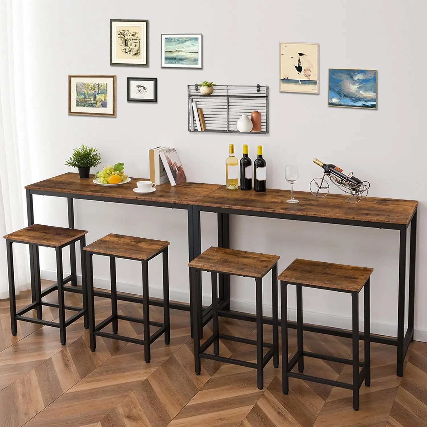 47.2" Rectangular Pub Table with 2 Stools, High Top Dining Set for Small Spaces, Rustic Brown, Easy Assembly