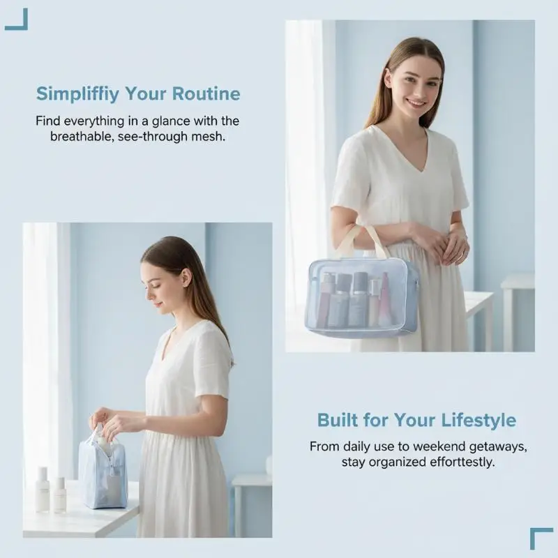 Portable Breathable Mesh Cosmetic Bag with Handle Transparent Design for Toiletries