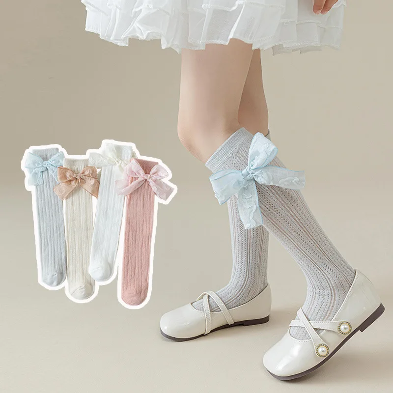 4PCS Children's Socks Spring/Summer Mesh Thin Calf Socks Solid Color Breathable and Sweat-absorbing Bow Tie Student Socks