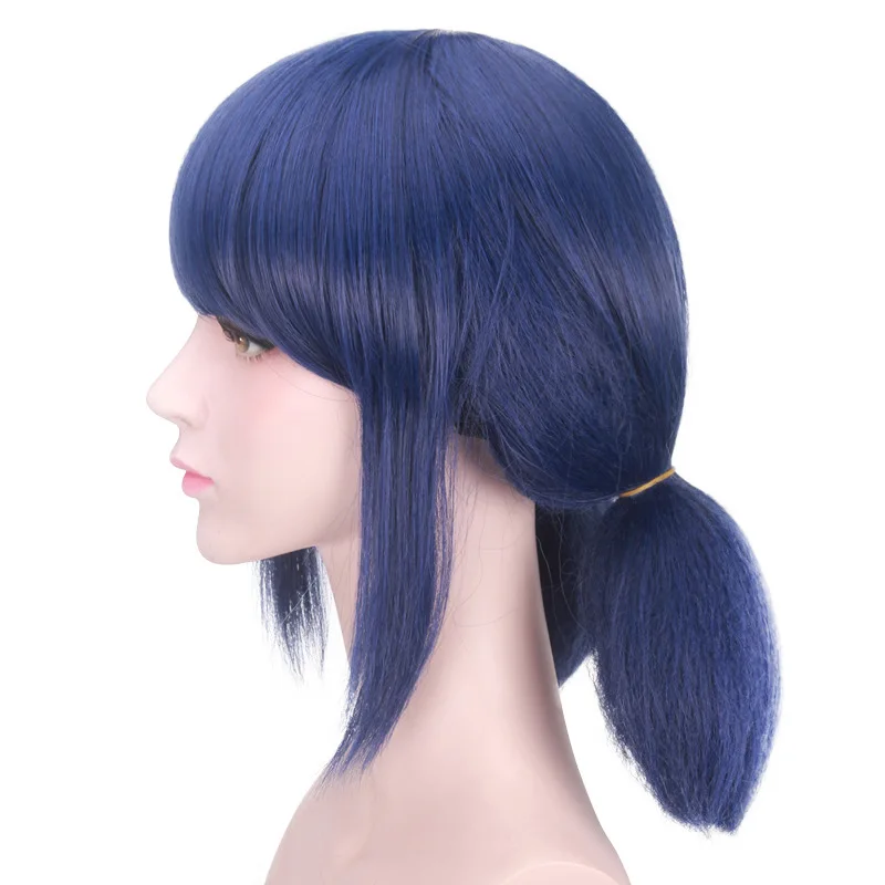 Anime perucas azul escuro plait meninas falso chapelaria duplo rabo de cavalo cosplay peruca dia das bruxas resistente ao calor do cabelo sintético + peruca boné