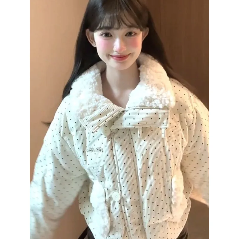 Women's Models Fall Winter Coat Blouse Zipper Buttons Hair Collar Polka Dot Sweet Cute Loose Warm Fashion Design Sense New Soft