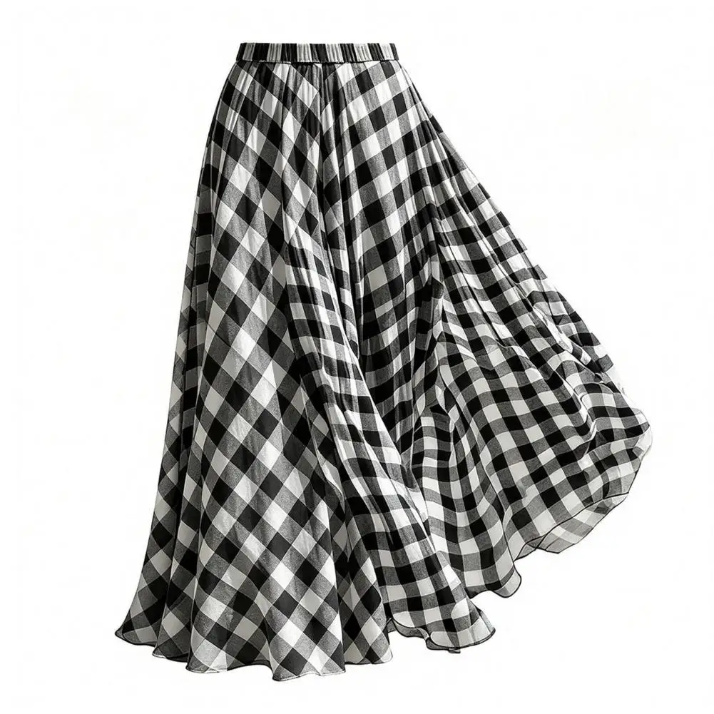 Women Travel Skirt Women Summer Skirt Women’s Plaid Maxi Skirt Elastic Waist Long Flowy Hem Lightweight Summer for Beach