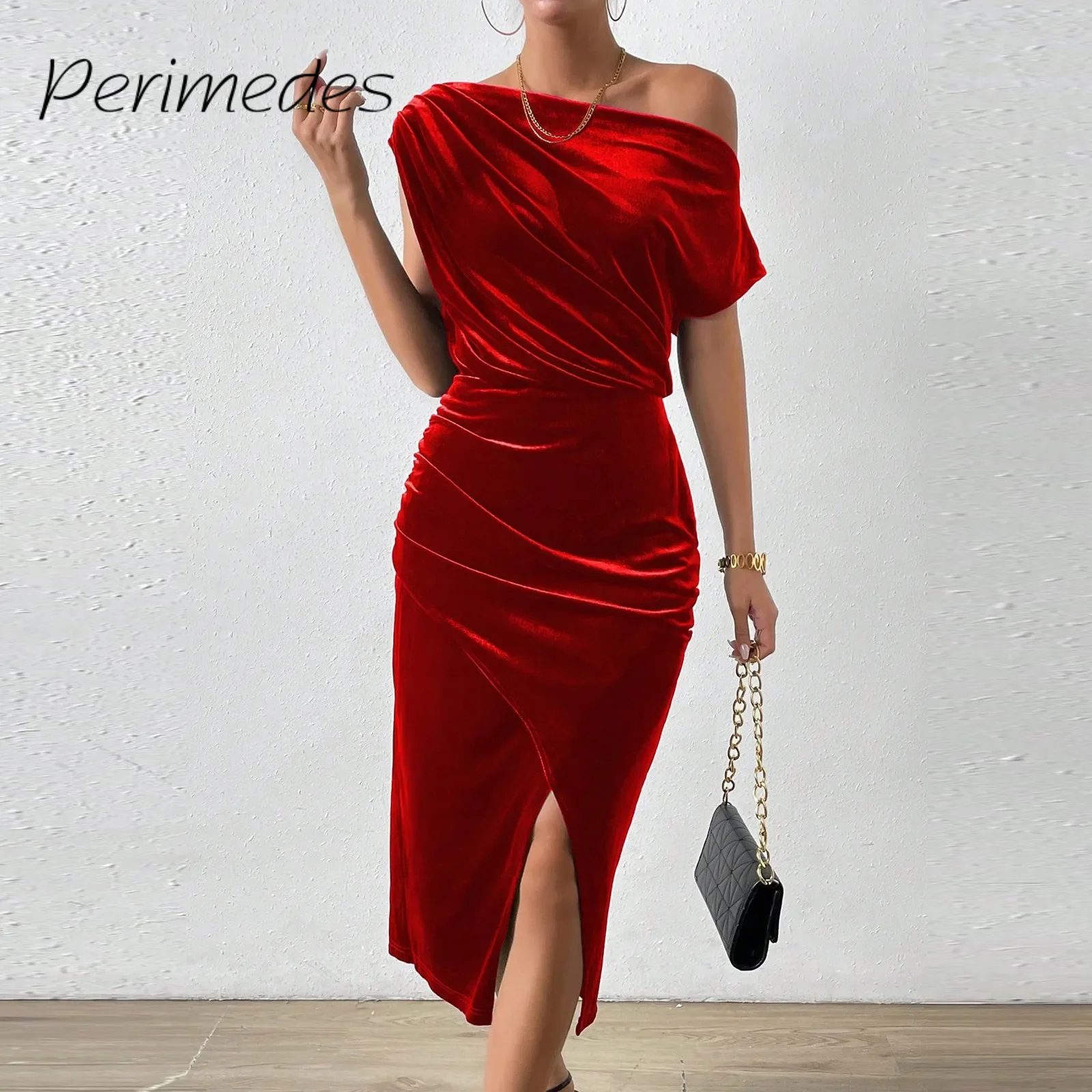 

Women'S Dress Off-Shoulder Sexy Front Slit Skew Collar Hip-Hugging Cool Casual Dress Solid Color Fashionable Temperament Dress