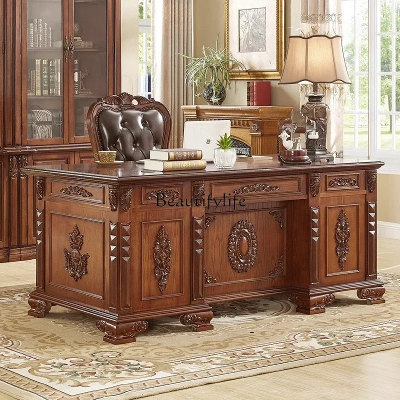 

LAmerican all-solid wood desk home European desk retro engraving