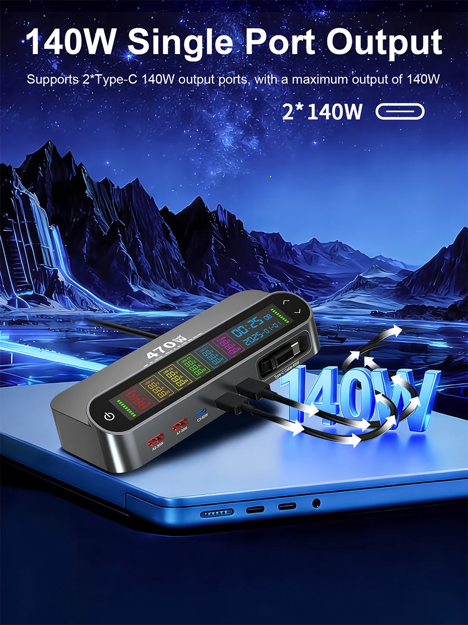 470W GaN Fast Charger 140W PD3.1 PPS USB Type-C Digital Display Desktop Charging Station for iPhone 16/15 MacBook Laptops