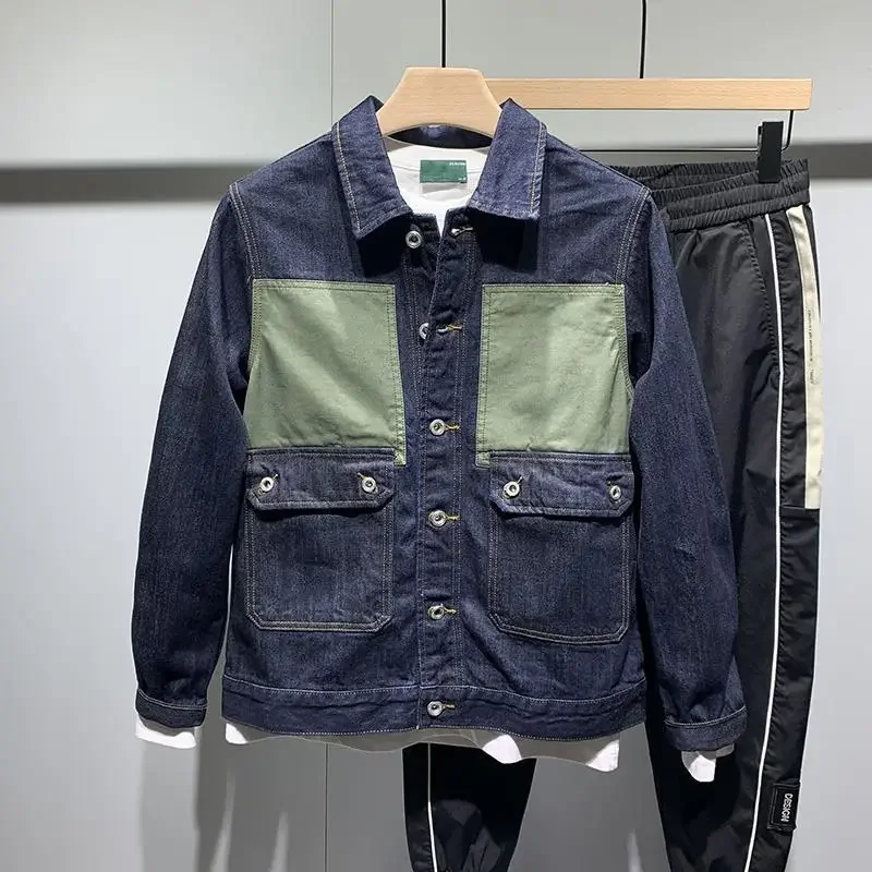 Men\'s Denim Jacket Spliced Button Male Jean Coats Aesthetic Cargo Washed Loose New in Vintage Large Size Korea Winter Outerwear