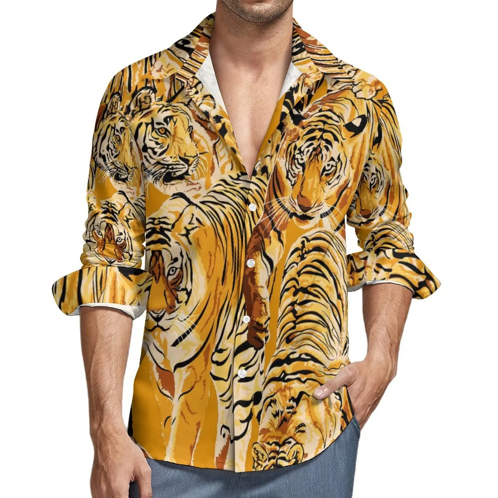 

Wild Tiger Shirt Spring Animal Print Casual Shirts Men Elegant Blouses Long Sleeve Custom DIY Street Style Clothing Big Size