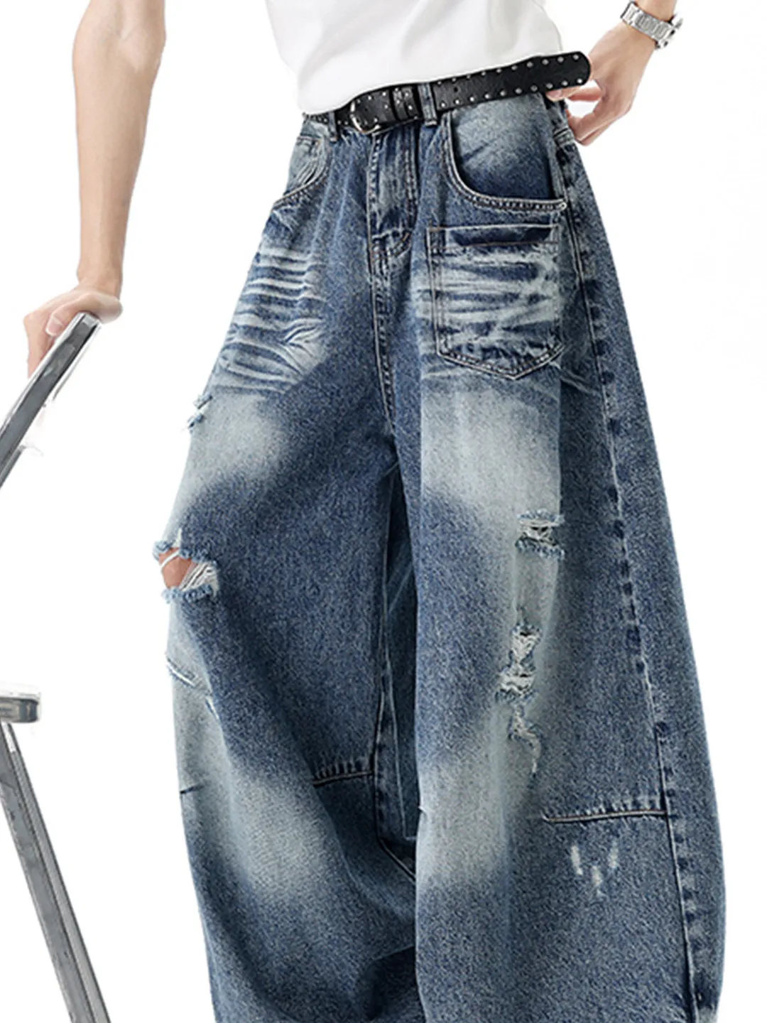 Calças Jeans Americanas Retrô Unissex de Perna Larga e Corte Solto com Rasgos, Cintura Alta, Comprimento Total, Estilo Casual