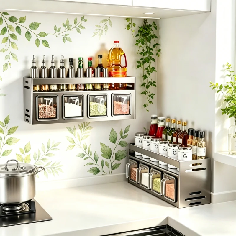 Grey 2-Tier 4-Grid Wall Mounted Spice Rack, Stainless Steel Organizer for Kitchen Seasoning Jars, Ideal Home Kitchen Gift