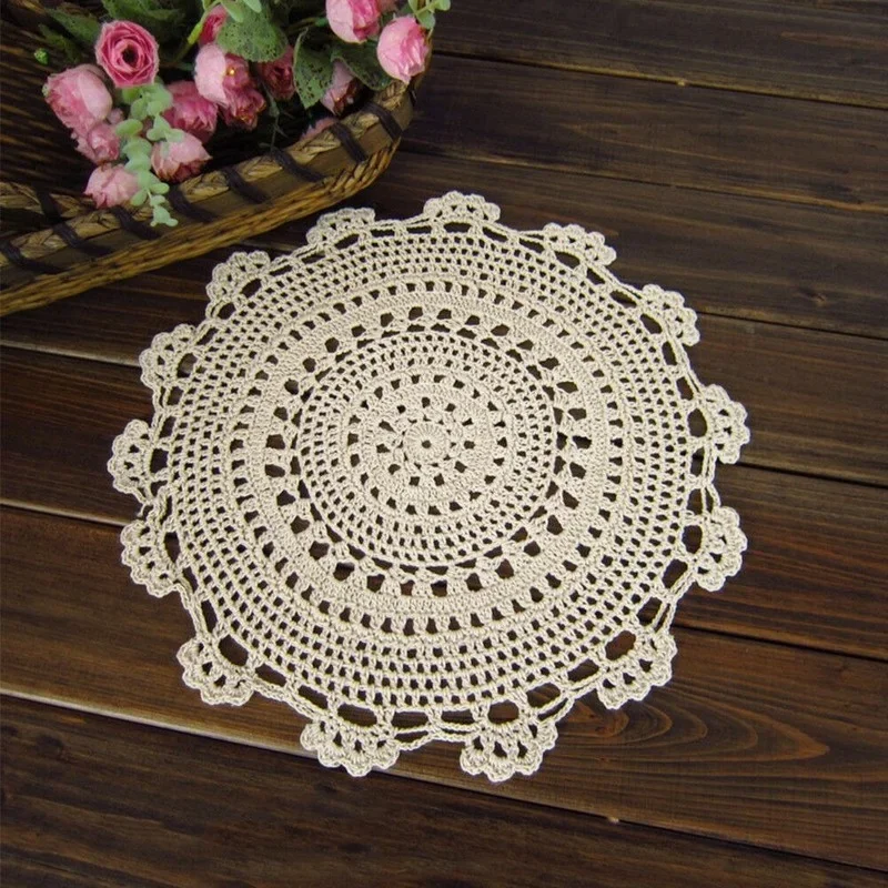 4Pcs/Lot Vintage Hand Crochet Lace Cotton Doilies Round Flower Coasters Beige 6