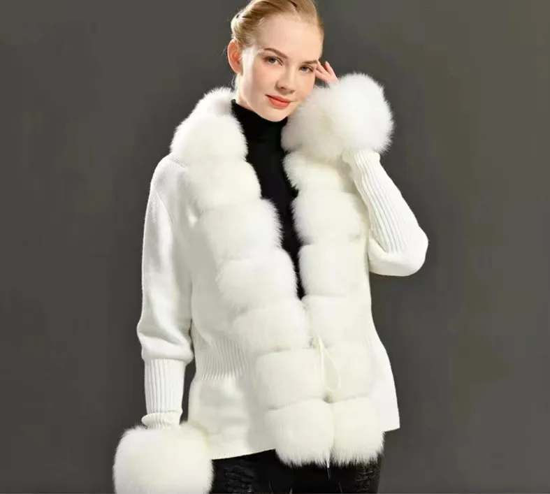 Fall Winter Women Faux Fur Coat Luxury Patchwork Knitted Sweater Bandage Fur Cardigan Detachable Collar Jackets Faux Fur Coats